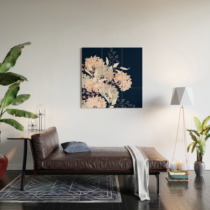 Festive, Wildflowers, Floral Print, Navy Blue and Pink Wood Wall Art Gallery Image 2