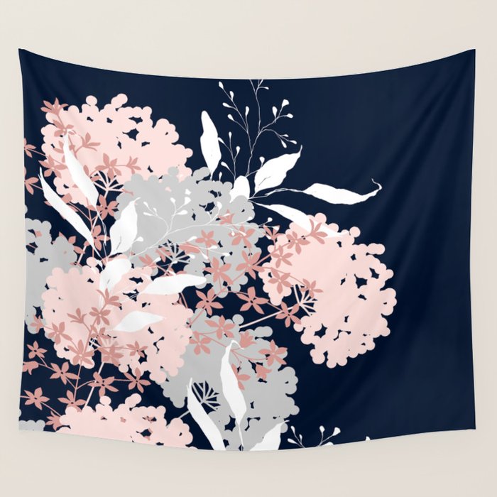 Festive, Wildflowers, Floral Print, Navy Blue and Pink Wall Tapestry Gallery Image 4