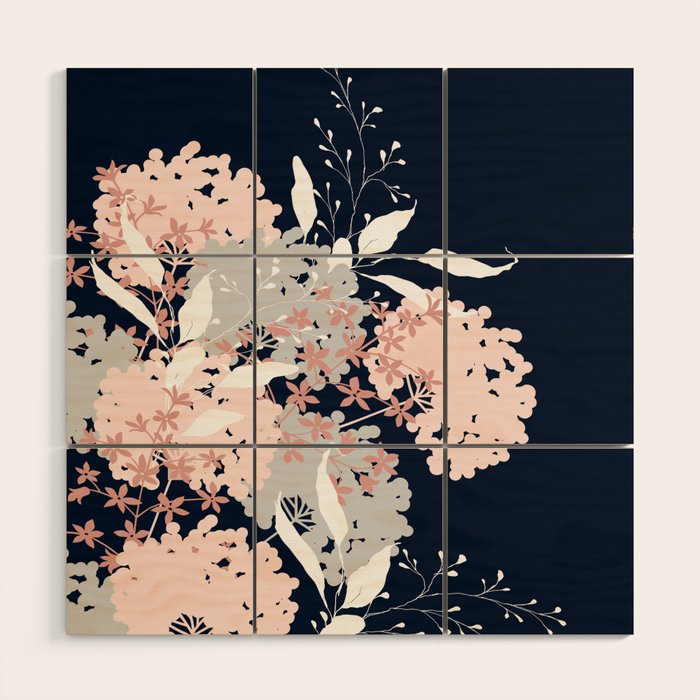 Festive, Wildflowers, Floral Print, Navy Blue and Pink Wood Wall Art Gallery Image 1