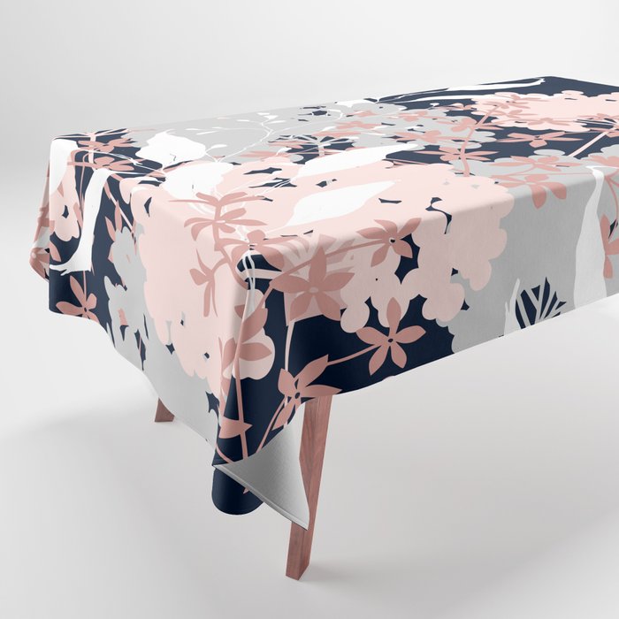 Festive, Wildflowers, Floral Print, Navy Blue and Pink Tablecloth Gallery Image 1