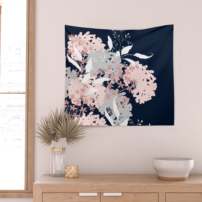 Festive, Wildflowers, Floral Print, Navy Blue and Pink Wall Tapestry Gallery Image 2
