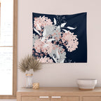 Festive, Wildflowers, Floral Print, Navy Blue and Pink Wall Tapestry Gallery Image 2
