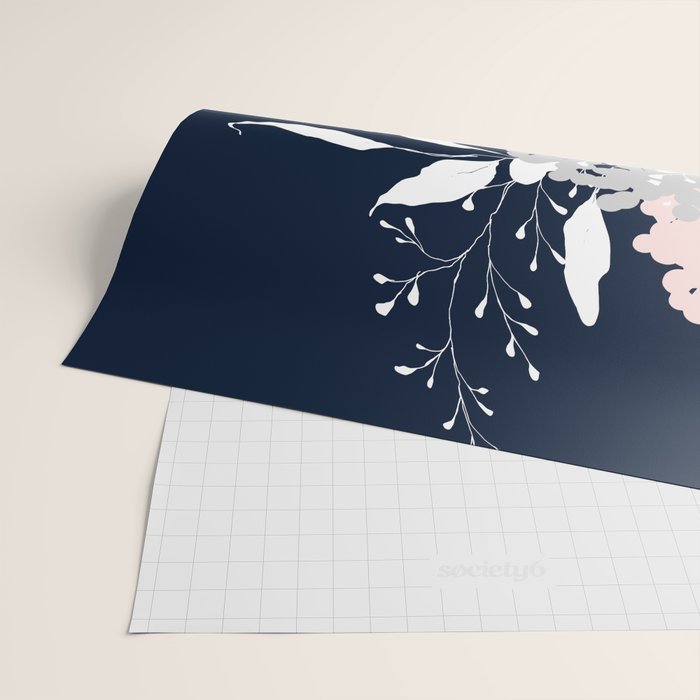 Festive, Wildflowers, Floral Print, Navy Blue and Pink Wrapping Paper Gallery Image 2