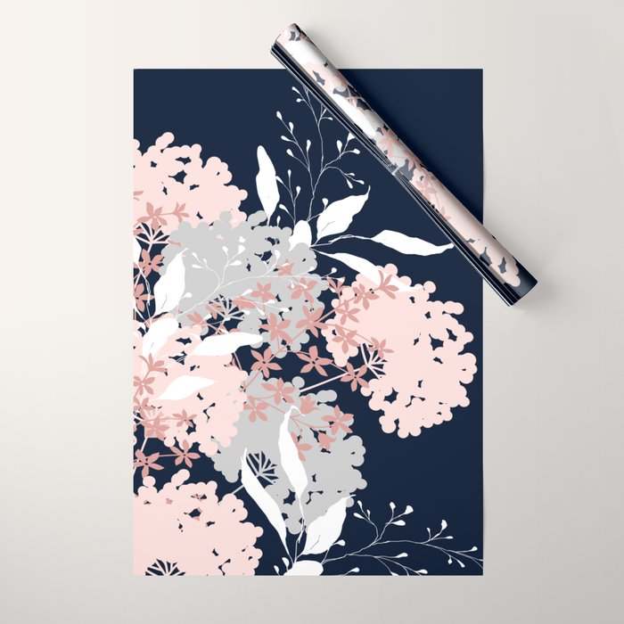 Festive, Wildflowers, Floral Print, Navy Blue and Pink Wrapping Paper Gallery Image 1