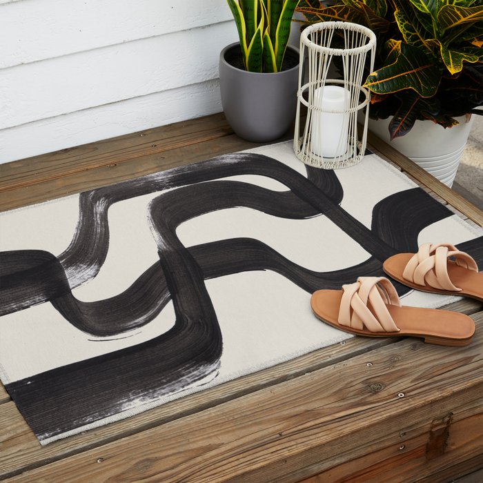Mid Century Modern Minimalist Abstract Art Brush Strokes Black & White Ink Art Ripple Lines Outdoor Rug Gallery Image 2