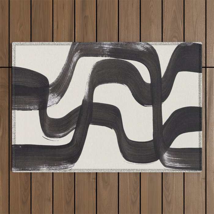 Mid Century Modern Minimalist Abstract Art Brush Strokes Black & White Ink Art Ripple Lines Outdoor Rug Gallery Image 1