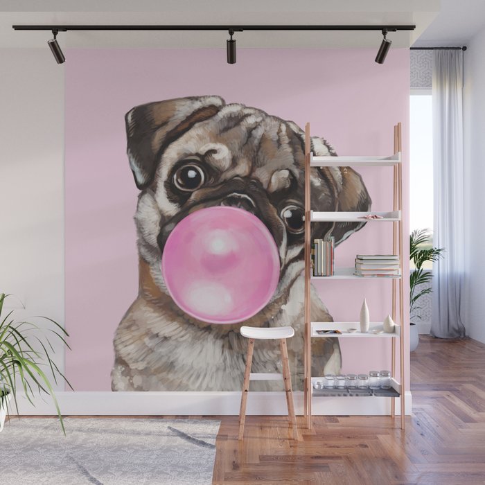 Pug with Pink Bubble Gum Wall Mural Gallery Image 1