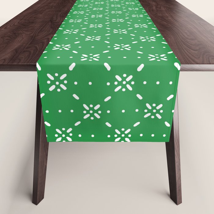 Christmas snowflake vector with simple modern white stitches on green background pattern Table Runner Gallery Image 1