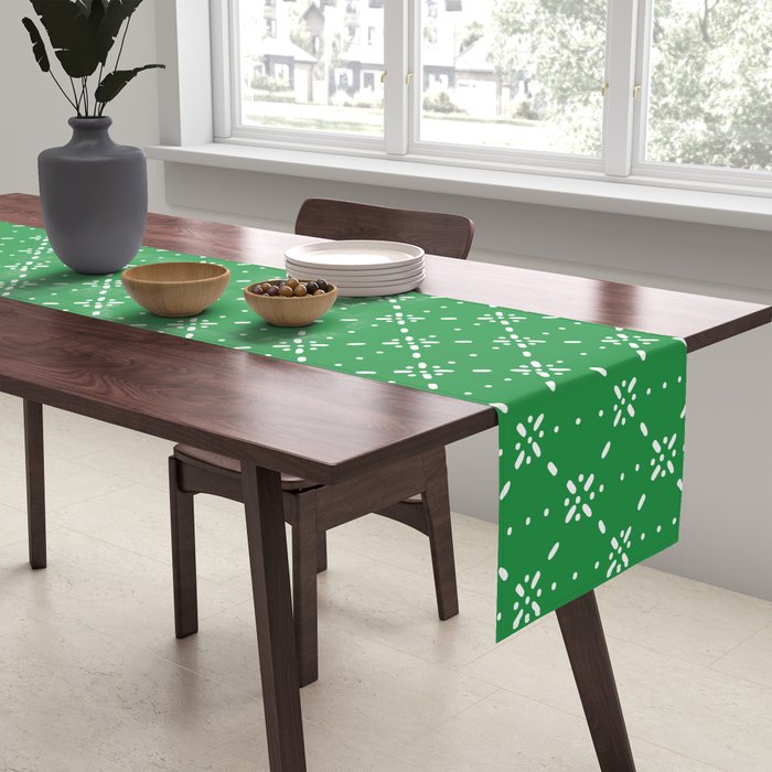 Christmas snowflake vector with simple modern white stitches on green background pattern Table Runner Gallery Image 2