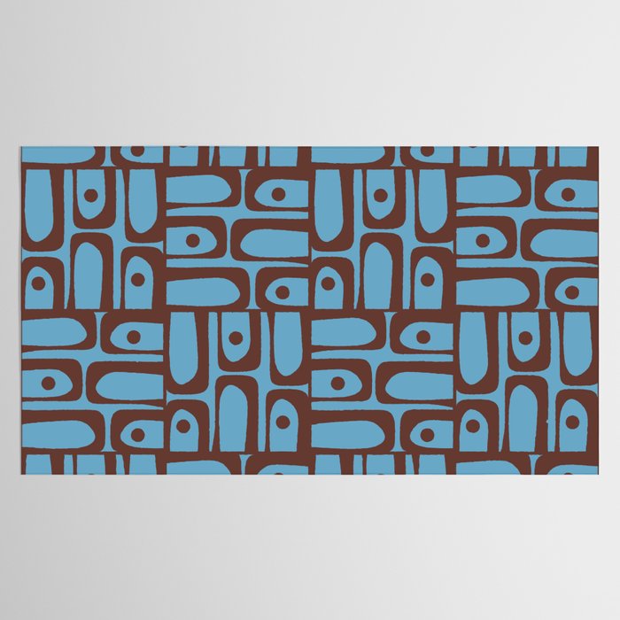 Eclectic Mid Century Modern Piquet Multi Pattern in Blue and Brown Tablecloth Gallery Image 2