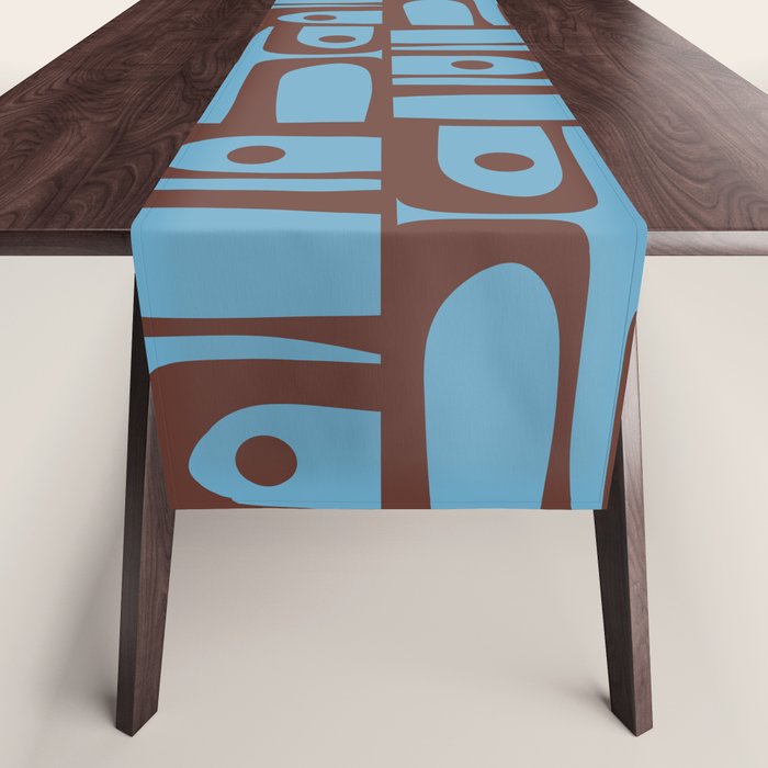 Eclectic Mid Century Modern Piquet Multi Pattern in Blue and Brown Table Runner Gallery Image 1