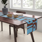 Eclectic Mid Century Modern Piquet Multi Pattern in Blue and Brown Table Runner Gallery Image 2