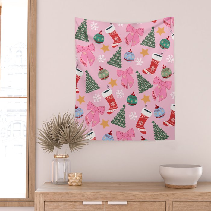 Cute Christmas Pink Wall Tapestry Gallery Image 2