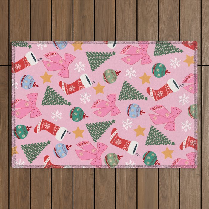 Cute Christmas Pink Outdoor Rug Gallery Image 1