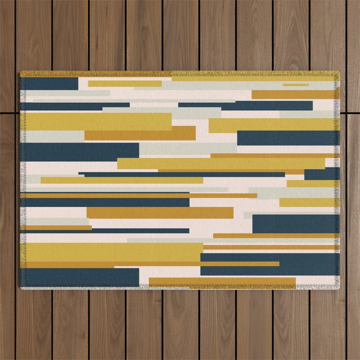 Wright Mid-Century Modern Abstract in Mustard Yellow, Navy Blue, Pale Blush Outdoor Rug Gallery Image 1