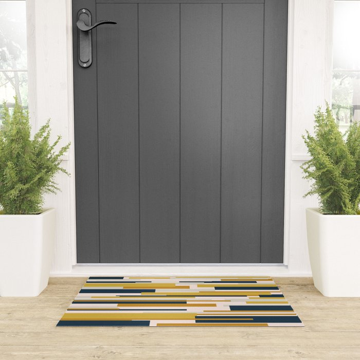 Wright Mid-Century Modern Abstract in Mustard Yellow, Navy Blue, Pale Blush Welcome Mat Gallery Image 3