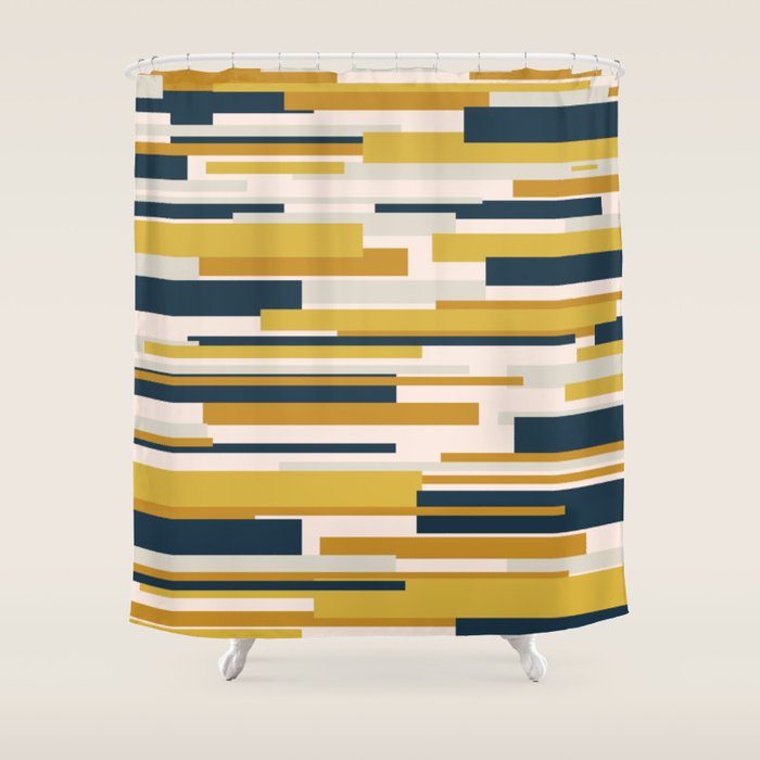 Wright Mid-Century Modern Abstract in Mustard Yellow, Navy Blue, Pale Blush Shower Curtain Gallery Image 1