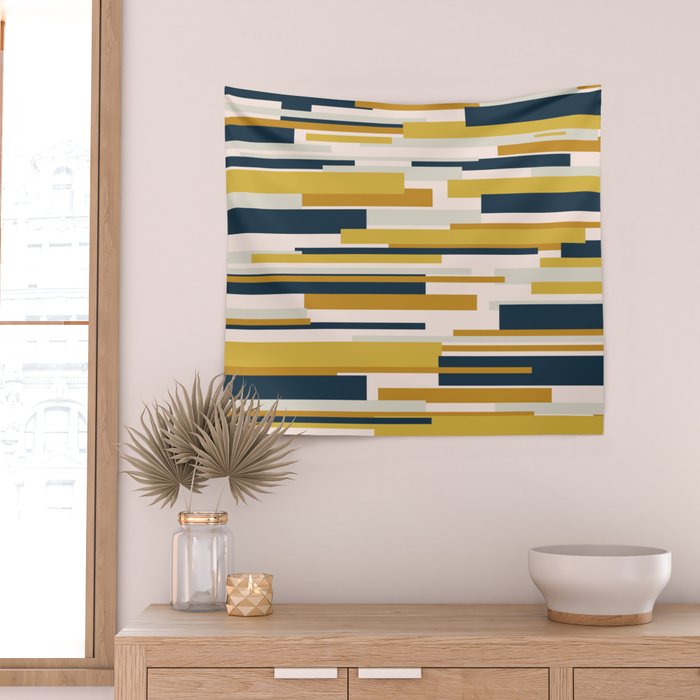 Wright Mid-Century Modern Abstract in Mustard Yellow, Navy Blue, Pale Blush Wall Tapestry Gallery Image 2