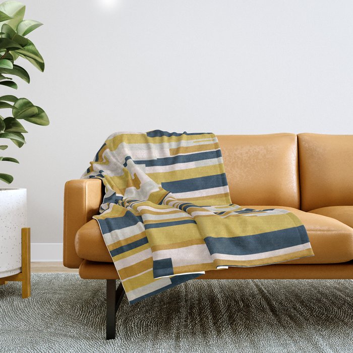 Wright Mid-Century Modern Abstract in Mustard Yellow, Navy Blue, Pale Blush Throw Blanket Gallery Image 1