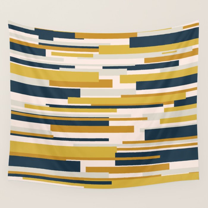 Wright Mid-Century Modern Abstract in Mustard Yellow, Navy Blue, Pale Blush Wall Tapestry Gallery Image 4