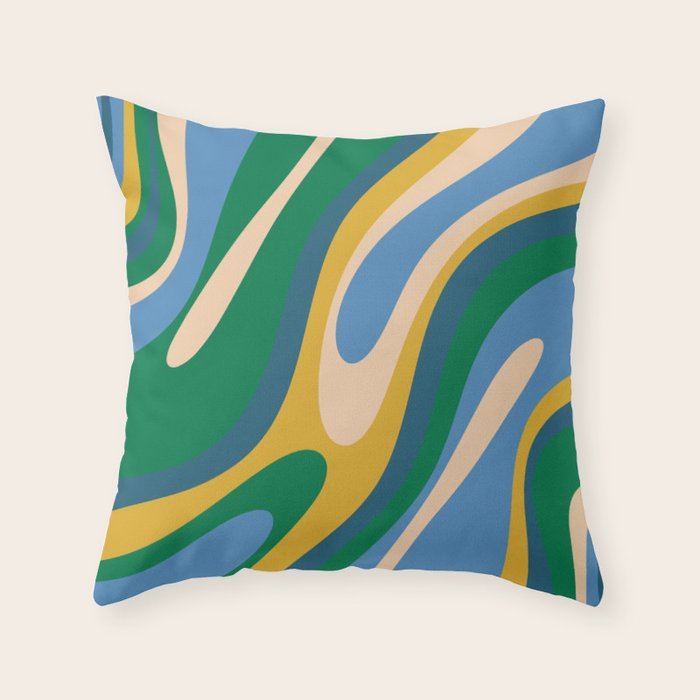 Wavy Loops Abstract Pattern 3 Blue Green Mustard Beige Throw Pillow Gallery Image 6