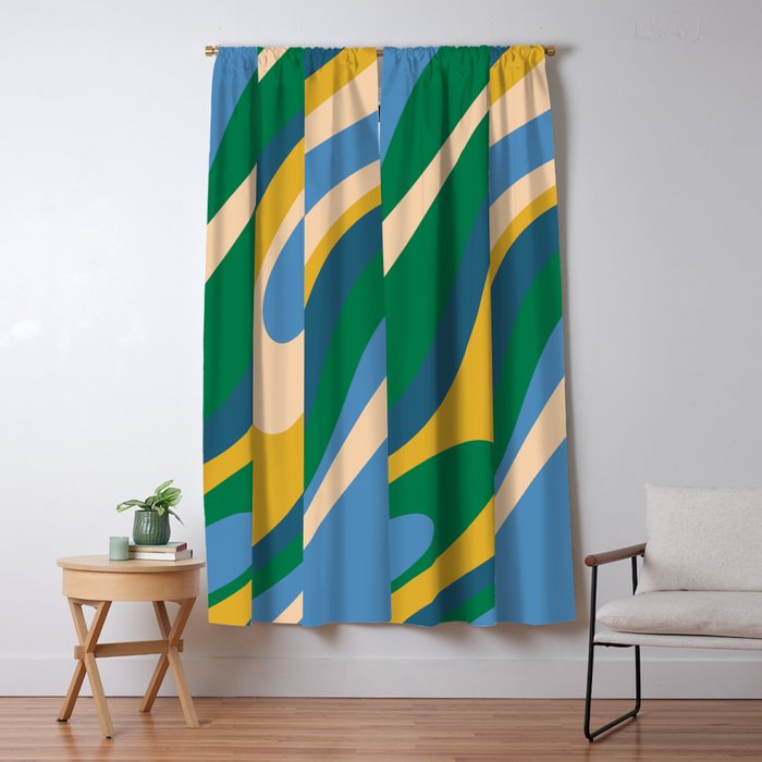 Wavy Loops Abstract Pattern 3 Blue Green Mustard Beige Window Curtain Gallery Image 5