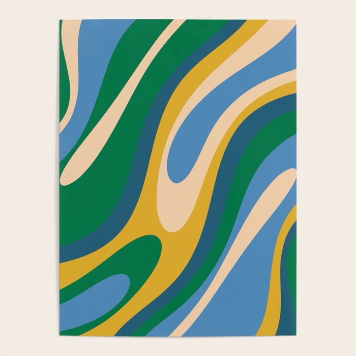 Wavy Loops Abstract Pattern 3 Blue Green Mustard Beige Poster Gallery Image 4