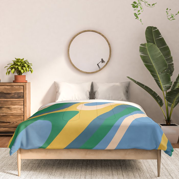 Wavy Loops Abstract Pattern 3 Blue Green Mustard Beige Comforter Gallery Image 3