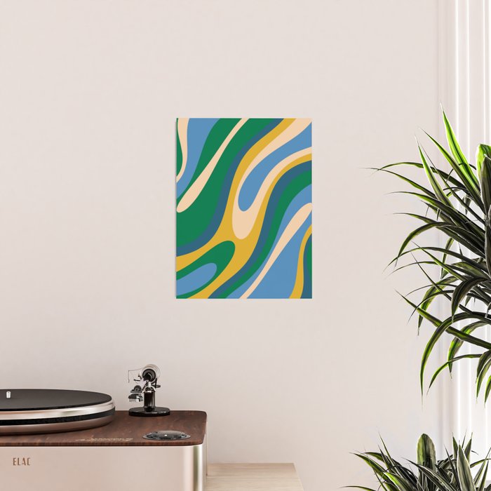 Wavy Loops Abstract Pattern 3 Blue Green Mustard Beige Poster Gallery Image 2