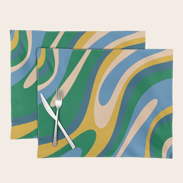 Wavy Loops Abstract Pattern 3 Blue Green Mustard Beige Placemat Gallery Image 1
