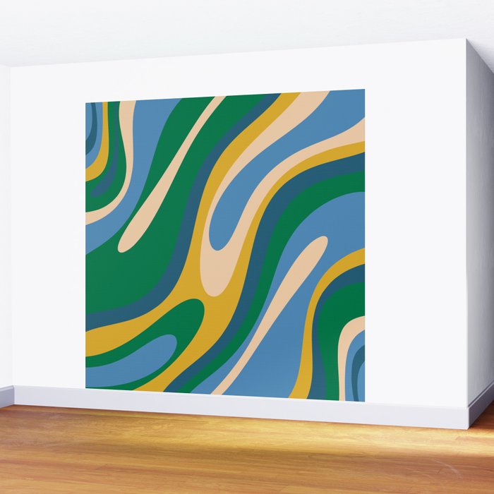 Wavy Loops Abstract Pattern 3 Blue Green Mustard Beige Wall Mural Gallery Image 2