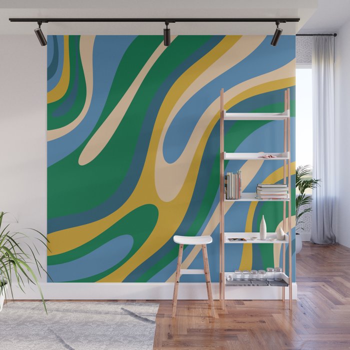 Wavy Loops Abstract Pattern 3 Blue Green Mustard Beige Wall Mural Gallery Image 1