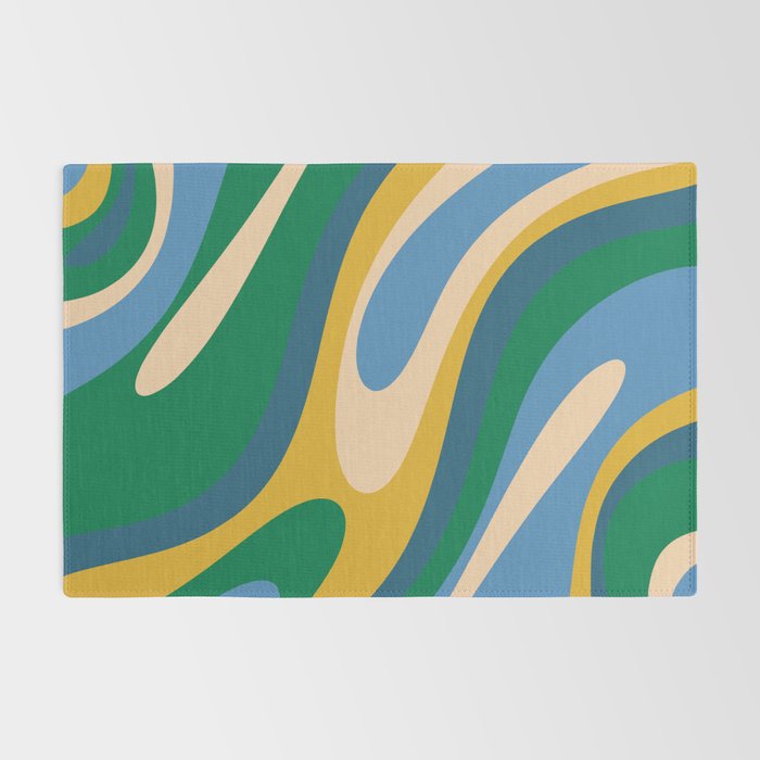 Wavy Loops Abstract Pattern 3 Blue Green Mustard Beige Rug Gallery Image 2