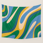 Wavy Loops Abstract Pattern 3 Blue Green Mustard Beige Wall Tapestry Gallery Image 4