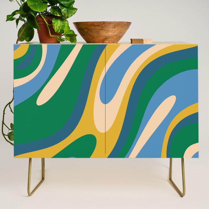 Wavy Loops Abstract Pattern 3 Blue Green Mustard Beige Credenza Gallery Image 1