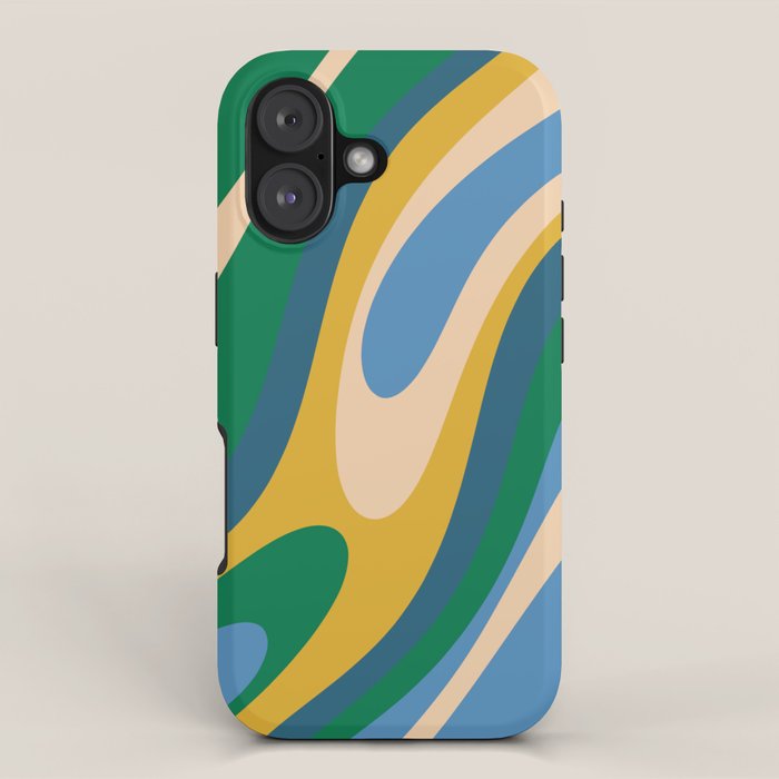 Wavy Loops Abstract Pattern 3 Blue Green Mustard Beige iPhone Case Gallery Image 1
