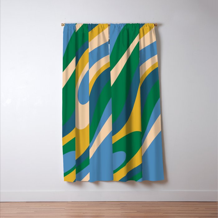 Wavy Loops Abstract Pattern 3 Blue Green Mustard Beige Window Curtain Gallery Image 3