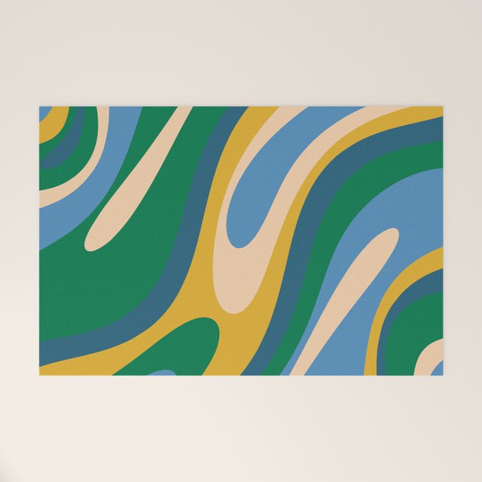Wavy Loops Abstract Pattern 3 Blue Green Mustard Beige Welcome Mat Gallery Image 1