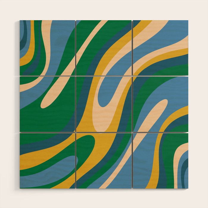 Wavy Loops Abstract Pattern 3 Blue Green Mustard Beige Wood Wall Art Gallery Image 1