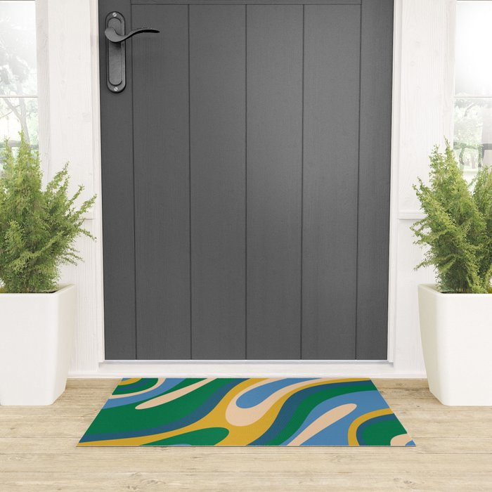 Wavy Loops Abstract Pattern 3 Blue Green Mustard Beige Welcome Mat Gallery Image 3