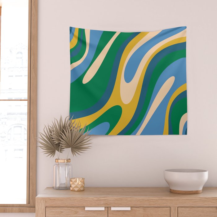 Wavy Loops Abstract Pattern 3 Blue Green Mustard Beige Wall Tapestry Gallery Image 2