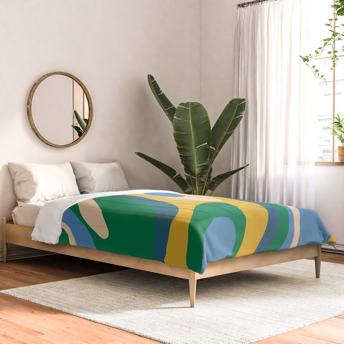 Wavy Loops Abstract Pattern 3 Blue Green Mustard Beige Comforter Gallery Image 2
