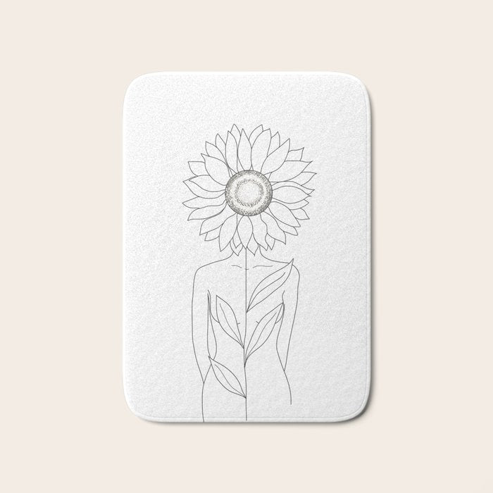 Minimalistic Line Art of Woman with Sunflower Bath Mat Gallery Image 1