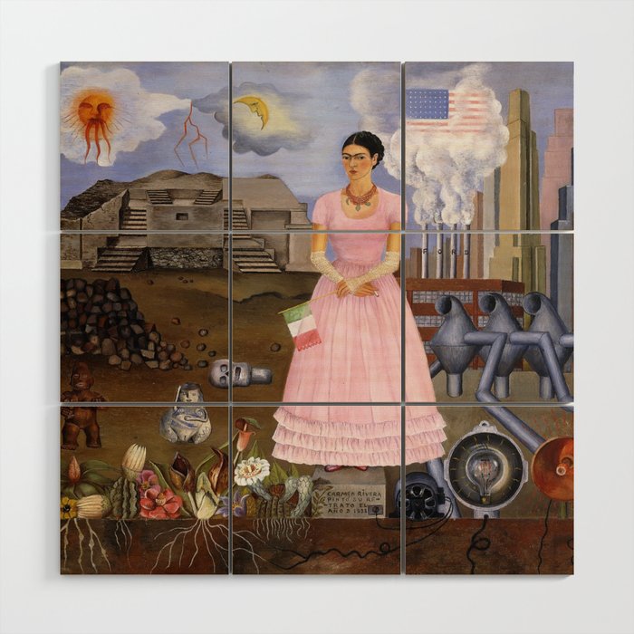 Frida Kahlo Self-portrait on the border line between Mexico and the United States, 1932 Wood Wall Art Gallery Image 1