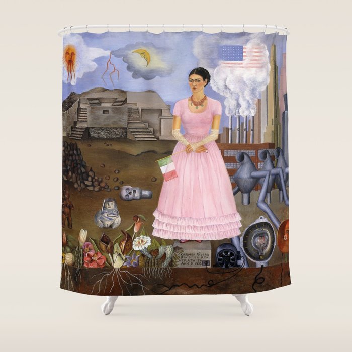 Frida Kahlo Self-portrait on the border line between Mexico and the United States, 1932 Shower Curtain Gallery Image 1