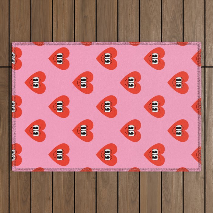 Funny retro love heart cartoon pattern Outdoor Rug Gallery Image 1