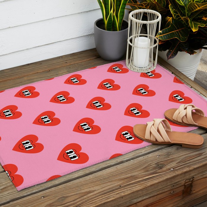 Funny retro love heart cartoon pattern Outdoor Rug Gallery Image 2