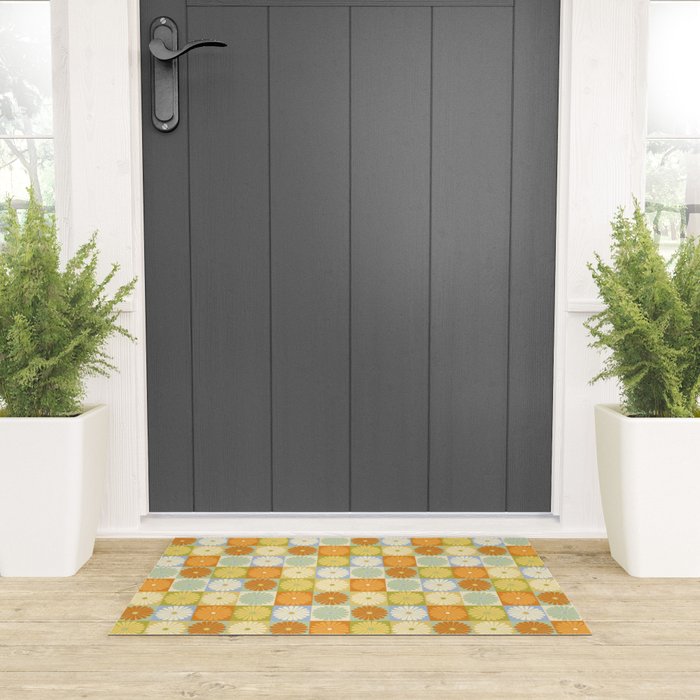 Retro Flowers Check Pattern XXVIII Welcome Mat Gallery Image 3