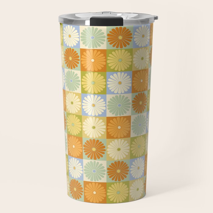 Retro Flowers Check Pattern XXVIII Travel Mug Gallery Image 1