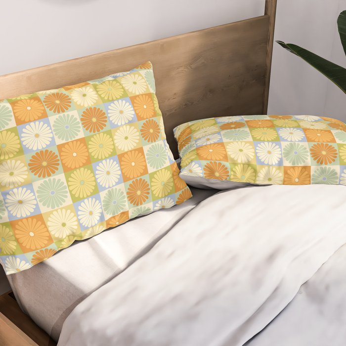 Retro Flowers Check Pattern XXVIII Pillow Sham Gallery Image 2